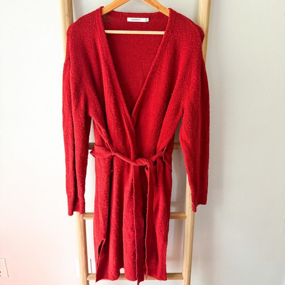 Moussy Red Knit Robe Longline Belted Cozy Lounge Women’s One Size OS